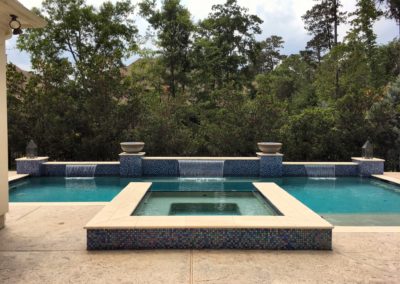 The Kouns II Project - Classic Pool Installation with Spa, Sun Shelf, Sheer Descents, Fire Bowls & Outdoor Kitchen Custom Swimming Pool and Spa Designs